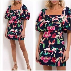 PatBO Laelia Midnight Floral Blue Pleated Mini Puff Sleeve Mini Dress Size 4 NWT